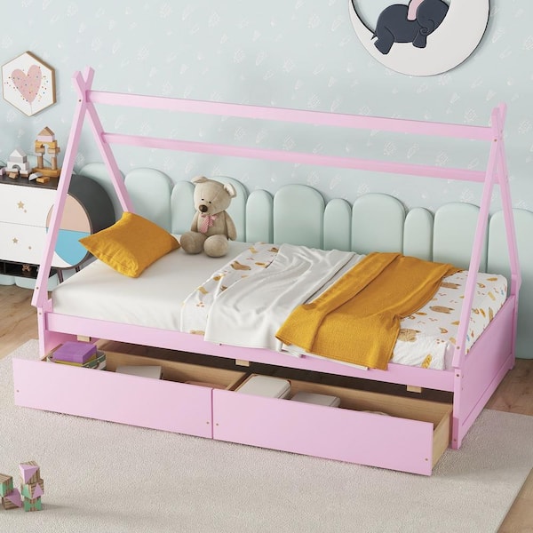 Harper & Bright Designs Pink Twin Size Roofed Platform Bed with Railing Rack and 2-Drawers