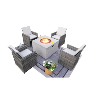 TIlio 5-Pieces Rock and Fiberglass Fire Pit Table Conversation Set with 4 Wicker Chairs with Gray Cushions