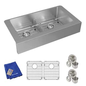 Crosstown 36 in. Farmhouse/Apron-Front Double Bowl 18-Gauge Stainless Steel Kitchen Sink Kit w/ Accessories