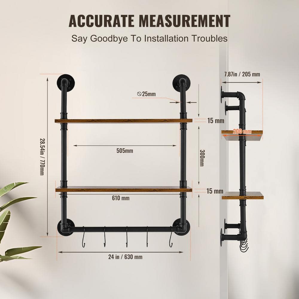 Black and Brown Industrial Steel and Wood Wall-Mount Accent Shelf
