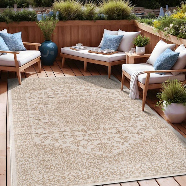 Athena Beige 6 ft. x 9 ft. Rubber Back Washable Oriental Border Indoor Outdoor Patio Area Rug