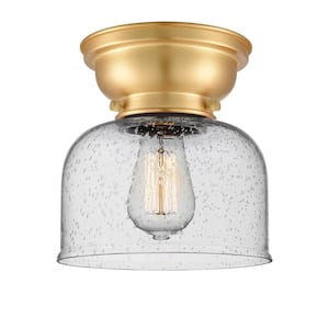 Aditi Bell 8 in. 1-Light Satin Gold Flush Mount with Seedy Glass Shade