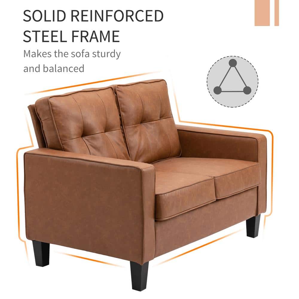 Classic Brown Faux Leather 51.5" Loveseat with Metal Track Arms