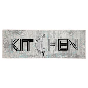 Border Design Gray-Black-Blue 20 in. x 59 in. Cotton Kitchen Runner Rug Mat