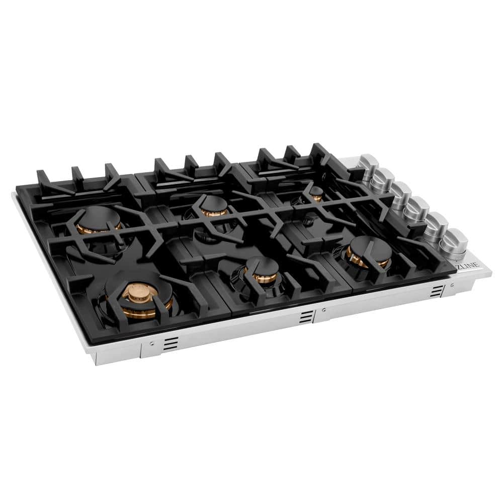 ZLINE Kitchen and Bath 36 in. 6 Burner Top Control Porcelain Gas Cooktop with Brass Burners in Stainless Steel, Silver