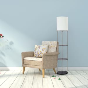 63.25 in. Modern Brushed Nickel Oval Etagere Floor Lamp with White Fabric Shade