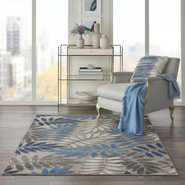 Aloha Gray/Blue 4 ft. x 6 ft. Floral Contemporary Indoor/Outdoor Patio Area Rug