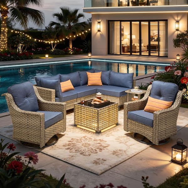 Melly Gray 8-Piece Wicker Patio Conversation Set with Denim Blue Cushions and Swivel Rocking Chairs