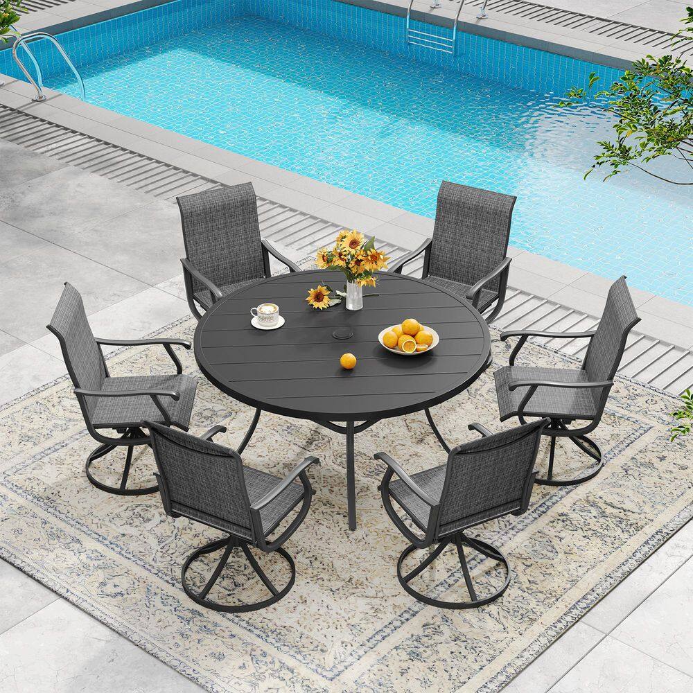 All Weather 7-Piece Metal Outdoor Patio Dining Set with 53 in. Black Round Table and 6 Dark Gray Swivel Dining Chairs price history on PriceWatchPro