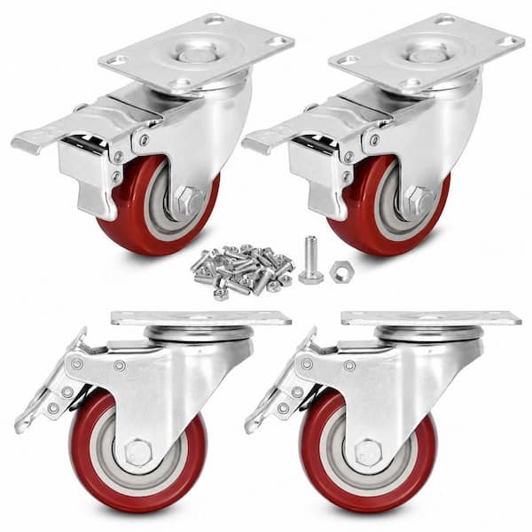 4-Pack Heavy Duty 3 in. Polyurethane Swivel Caster Wheels with Dual Locking Brakes Steel Frame 1500 lb. Load