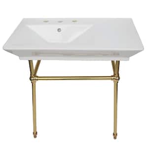 Opulence "His" Small Console Sink in White with Brass Stand and 8 in. Widespread Drillings