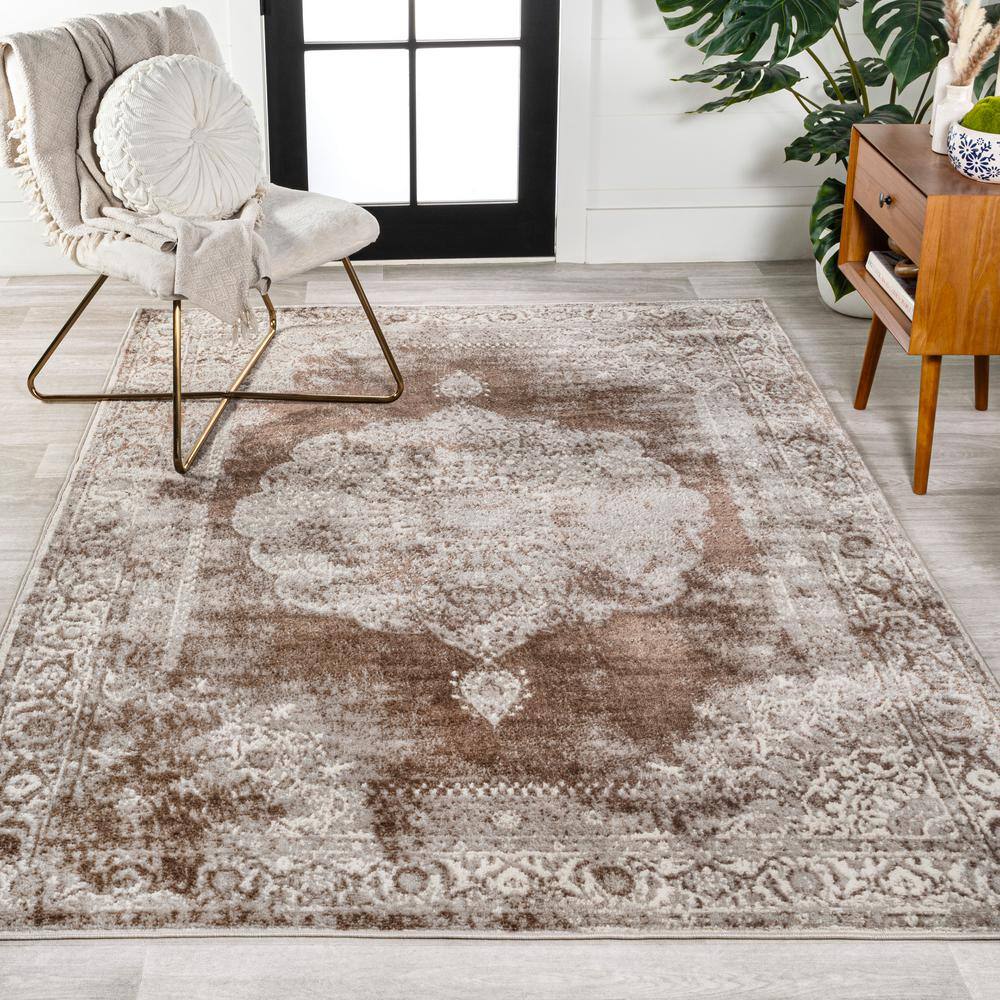 Ivory and Brown Synthetic Medallion Rectangular Area Rug
