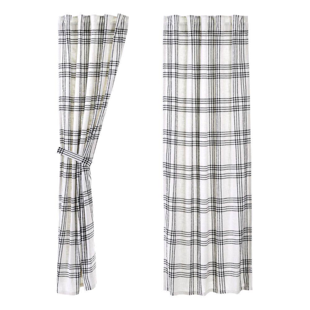 Extended White and Black Plaid Cotton Drapes, Set of 2