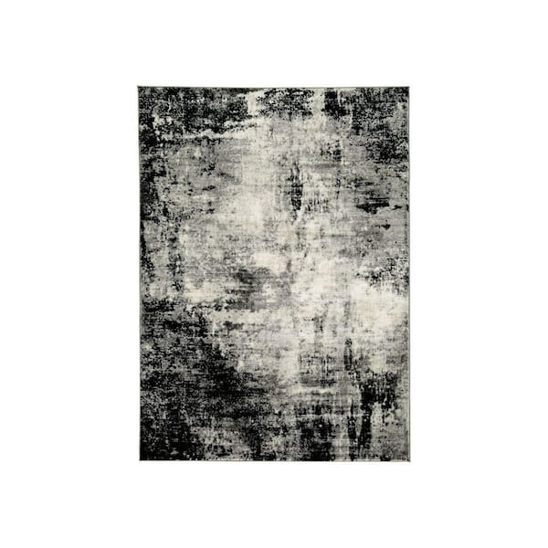 Benjara Modern Black, Gray, and Cream 5 ft. X 7 ft. Abstract Art Design Polypropylene Fabric Area Rug