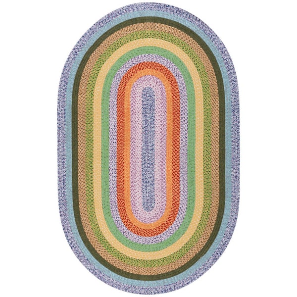 SAFAVIEH Braided Green/Rust 5 ft. x 8 ft. Machine Washable Multi Striped Color Oval Area Rug