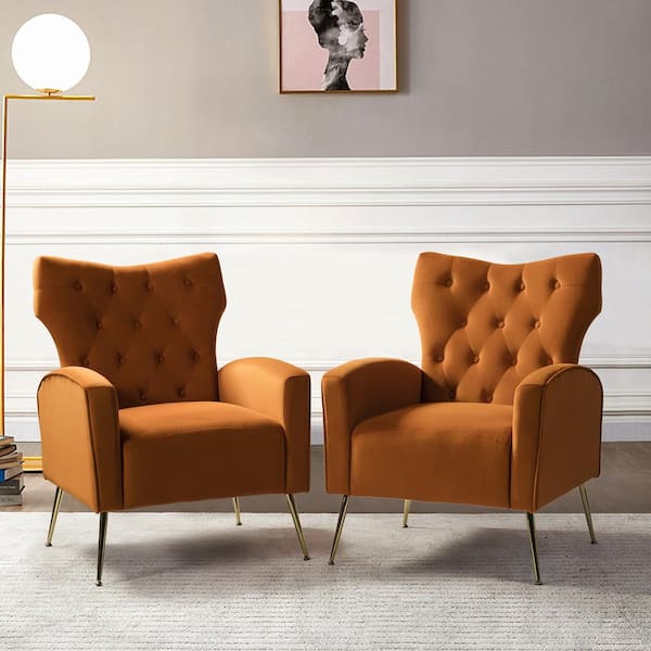 JAYDEN CREATION Brion Modern Orange Velvet Button Tufted Comfy Wingback Armchair with Metal Legs (Set of 2)