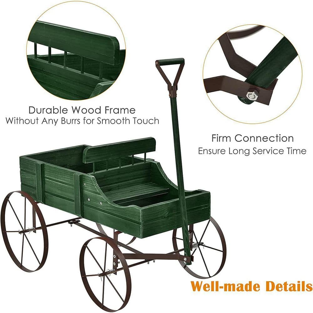 Green Fir Wood Wagon Planter with Metal Wheels