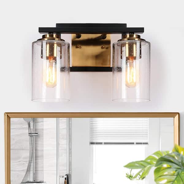 Modern 12 in. 2-Light Brass Gold Bathroom Wall Sconces, Seeded Glass Bath Lighting, Transitional Black Vanity Light