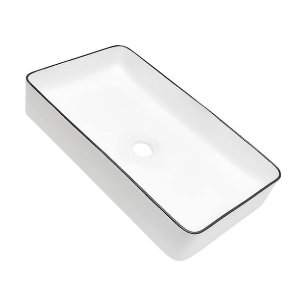 Tatahance 24 in . Rectangular Vessel Bathroom Sink in White Ceramic with Black Rim
