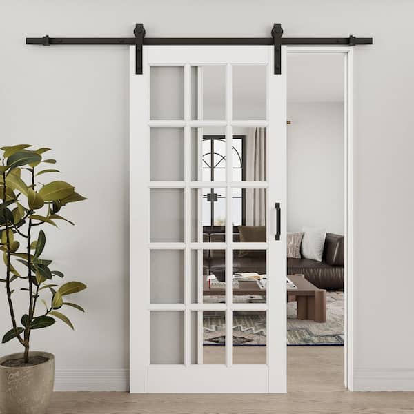 36 in. x 80 in. 15 Lite Tempered Clear Glass White Primed MDF Composite Sliding Barn Door with Hardware Kit