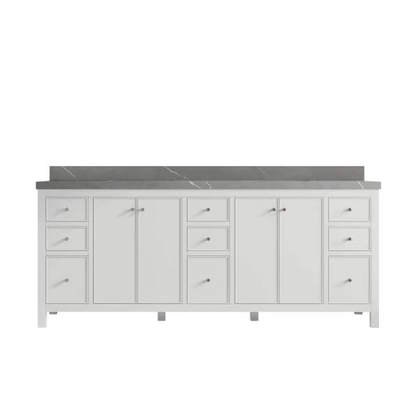 Willow Collections Chicago 84 in. Double Sink Freestanding White Bath Vanity with Piatra Gray Qt. Top Unassembled