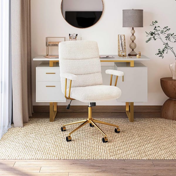 White and Gold Fabric Reclining Boucle Ergonomic Office Chair