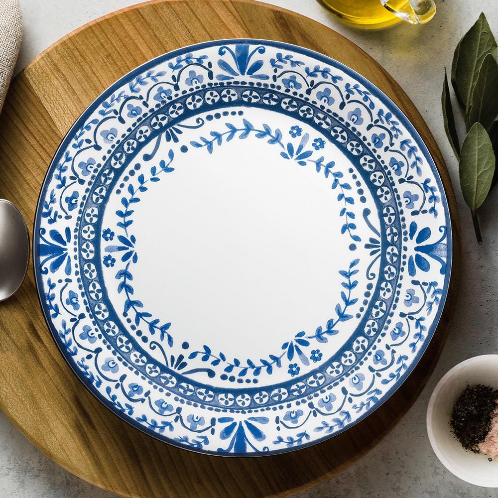 Portofino Blue Floral Vitrelle Glass Dinnerware Set, Service for 4
