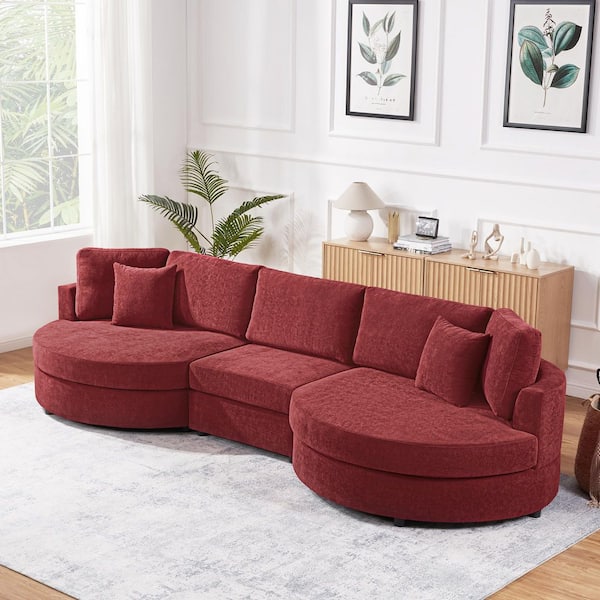 Finsley Modern 129.1 in. Chenille Upholstered Sectional Sofa Couch in. Red with Cushion Back, Curved Armrest