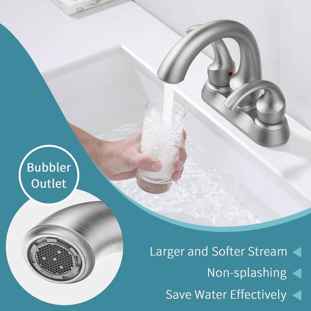 Brushed Nickel 4-Inch Centerset Double Handle Bathroom Faucet with Pop-Up Drain