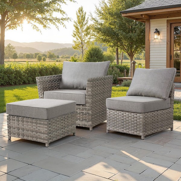 XIZZI Cinnamon 3 Pieces Wicker Patio Conversation Seating Sofa Set with Dark Gray Cushions