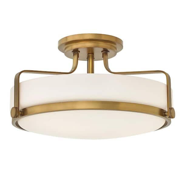 Hinkley Harper Large Semi-Flush Ceiling Light, Heritage Brass + Etched Opal Glass