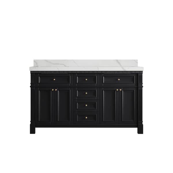 Willow Collections Paris 60 in. W x 22 in. D x 36 in. H Double Sink Bath Vanity in Black with 2 in. Calacatta Laza qt. Top