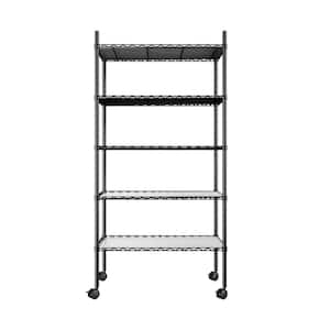5 Tier Black Metal 14 in. L x 30 in. W x 60 in. H Large Adjustable Kitchen Storage Shelf with Rollers