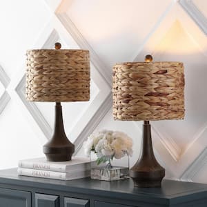 Theodore 21 in. Farmhouse Handwoven LED Table Lamp Set with Rattan Shade and Resin Base, Brown Wood Finish (Set of 2)