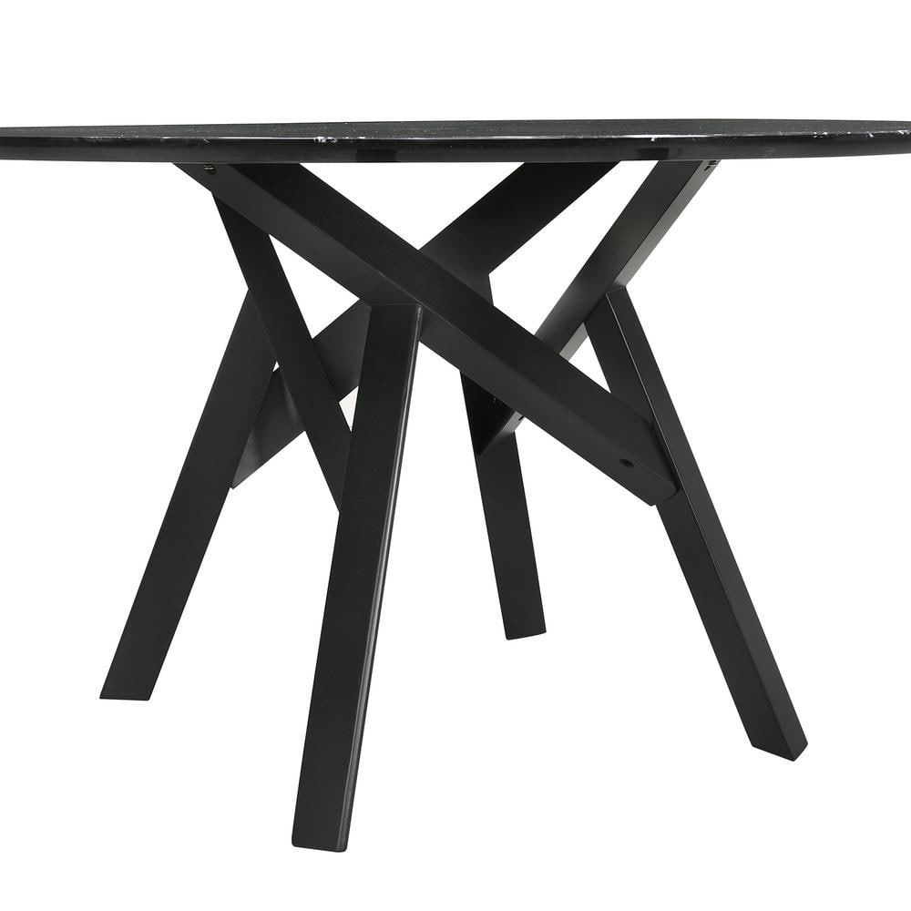 Mid-Century Modern 54" Black Marble & Wood Round Dining Table