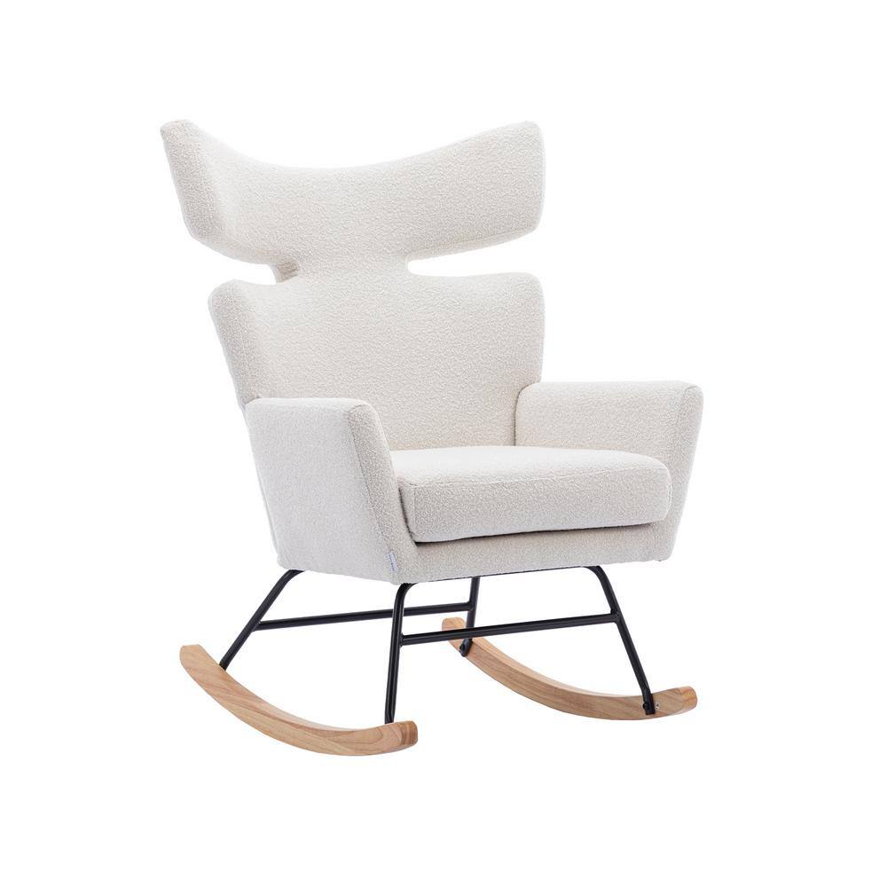 HOMEFUN Modern Upholstered White Fabric Padded Seat Rocking Chair With ...