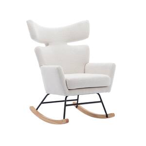 Modern Upholstered White Fabric Padded Seat Rocking Chair with High-Back and Removable Cushion