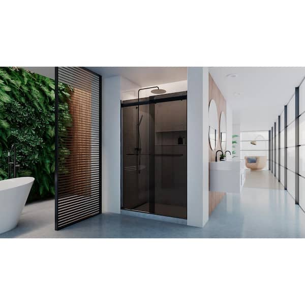 DreamLine Dexterity 48 in. W x 76 in. H Semi-Frameless Sliding Bypass Shower Door in Matte Black with Smoke Gray Glass
