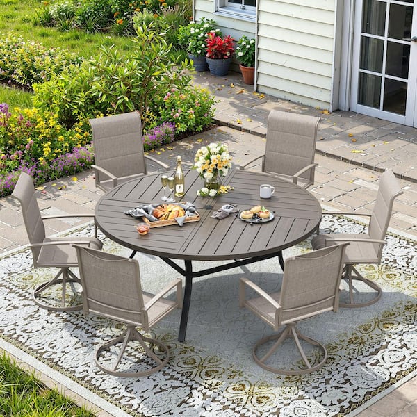 7-Piece Metal Outdoor Dining Set with Gray Wood-Like Round Table and 6 Sandshell Swivel Dining Chairs for 6 Person