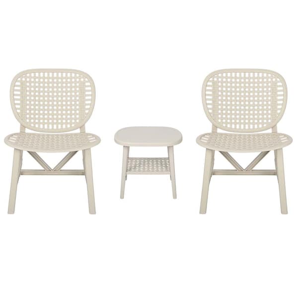 Zeus & Ruta 3-Pieces Polypropylene Outdoor Bistro Set with Open Shelf and Lounge Chairs in White for Balcony, Garden