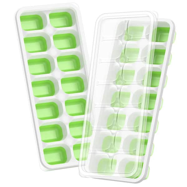 Green Finish Rectangular Ice Mold Ice Cube Tray with Lid 2 Pack Stackable Easy-Release Plastic Silicone