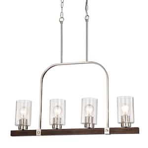 Szeto 4-Light Contemporary Brushed Nickel and Wood Finish Linear Chandelier with Seedy Glass Shades