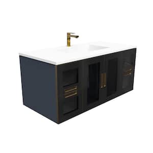 Solaria 48 in. W x 22 in. D x 22 in. H Single Floating Bath Vanity in Blue with Gold Trim and White Solid Surface Top