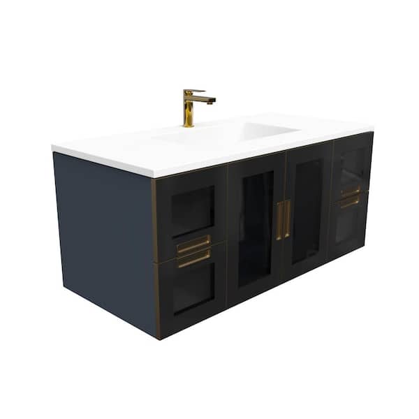castellousa Solaria 48 in. W x 22 in. D x 22 in. H Single Floating Bath Vanity in Blue with Gold Trim and White Solid Surface Top
