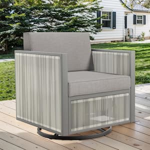 SquareChic Metal and Light Beige Wicker Outdoor Rocking Chair Patio Swivel Chairs with Olefin Dark Gray Cushions