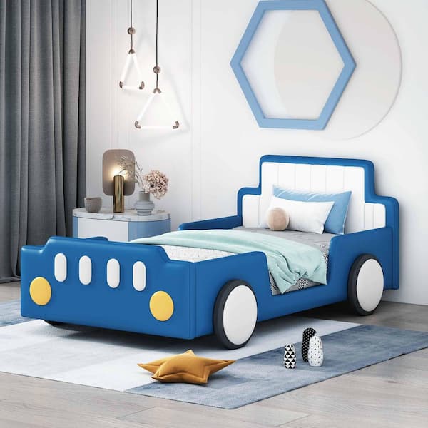 Blue Wood Frame Twin Size Platform Bed with Wheels