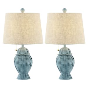 Margie Wicker 20.5 in. Bohemian Rustic Iron LED Table Lamp Set with Rattan Base and Linen Shade, Blue (Set of 2)