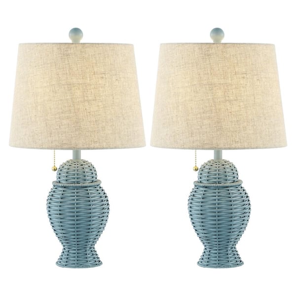 Margie Wicker 20.5 in. Bohemian Rustic Iron LED Table Lamp Set with Rattan Base and Linen Shade, Blue (Set of 2)