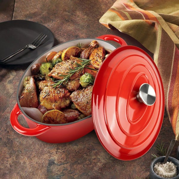 SANFANGIE 4.5 qt. Round Cast Iron Dutch Oven in Red with Lid, Non