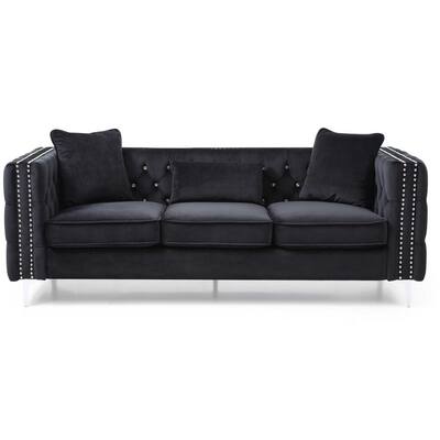 Paige 86 in. Black Tufted Velvet 3-Seater Sofa with 2-Throw Pillow